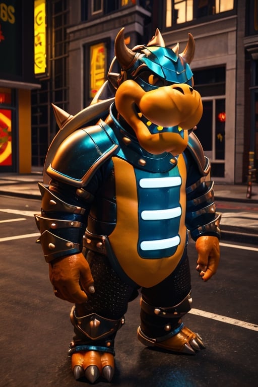 Bowser Knight, neon lights on armor, buffalo-shaped helmet, detailed, natural shading, rendered with unreal Engine 5,in the style of SM,