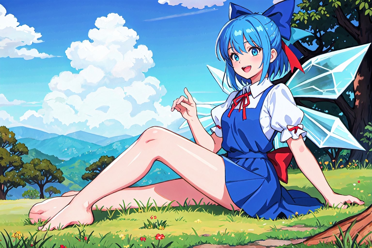FFIXBG, cirno, full body, hair ribbon, dress, shirt, sitting, short sleeves, puffy sleeves, puffy short sleeves, blue hair hair between eyes, blue eyes, :d, shoes, collared shirt, neck ribbon, blue dress, wings, bangs, ribbon, ice wings, white shirt, ice, pinafore dress, short hair, red ribbon, barefoot, bow, blue bow, hair bow,  (Masterpiece, best quality:1.3), highly detailed, fantasy, hyperrealistic, best illustration, 8k, ffixbg, dynamic view, cinematic, ultra-detailed, full background, fantasy, illustration, blue sky, forest, tree, path, grass, scenery, beautiful, (shiny), UHDR, various colors, (details:1.2), extremely detailed, (shimmer:0.5), colorful, ethereal, dreamy, vanishing (line:0.4), amazing composition, (cloud)