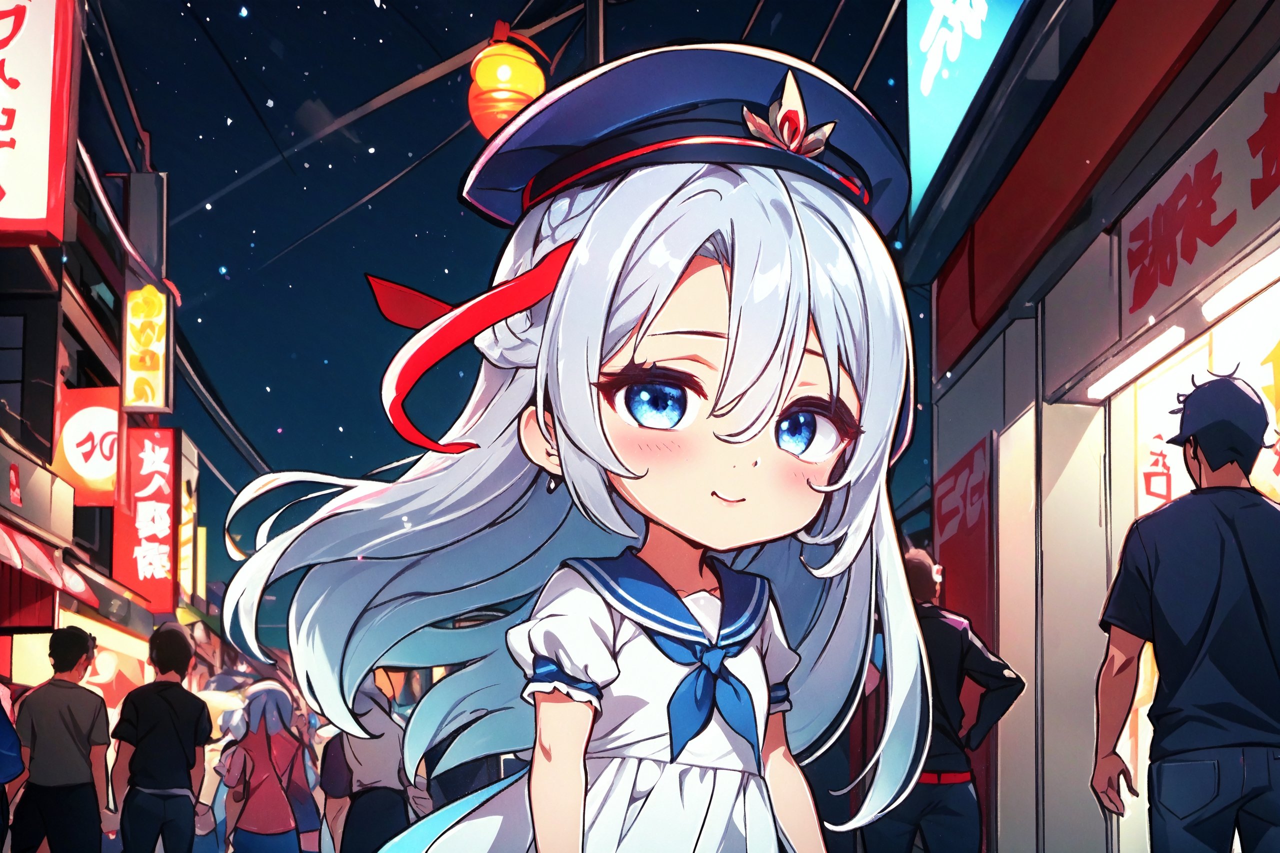 night, (dark environment), Highly detailed, High Quality, Masterpiece, beautiful, solo, 1girl, (chibi:1.2), Akihabara, cityscape, night, outdoors, neon lights, anime shops, bustling crowd, :), kamishirasawa keine, bow, blue hair, white hair, hair between eyes, shirt, neckerchief, blue dress, ribbon, collarbone, bangs, multicolored hair, upper body, two-tone hair, long hair, blue headwear, grey hair, short sleeves, hat, dress, red eyes puffy short sleeves, blue eyes, puffy sleeves, very long hair