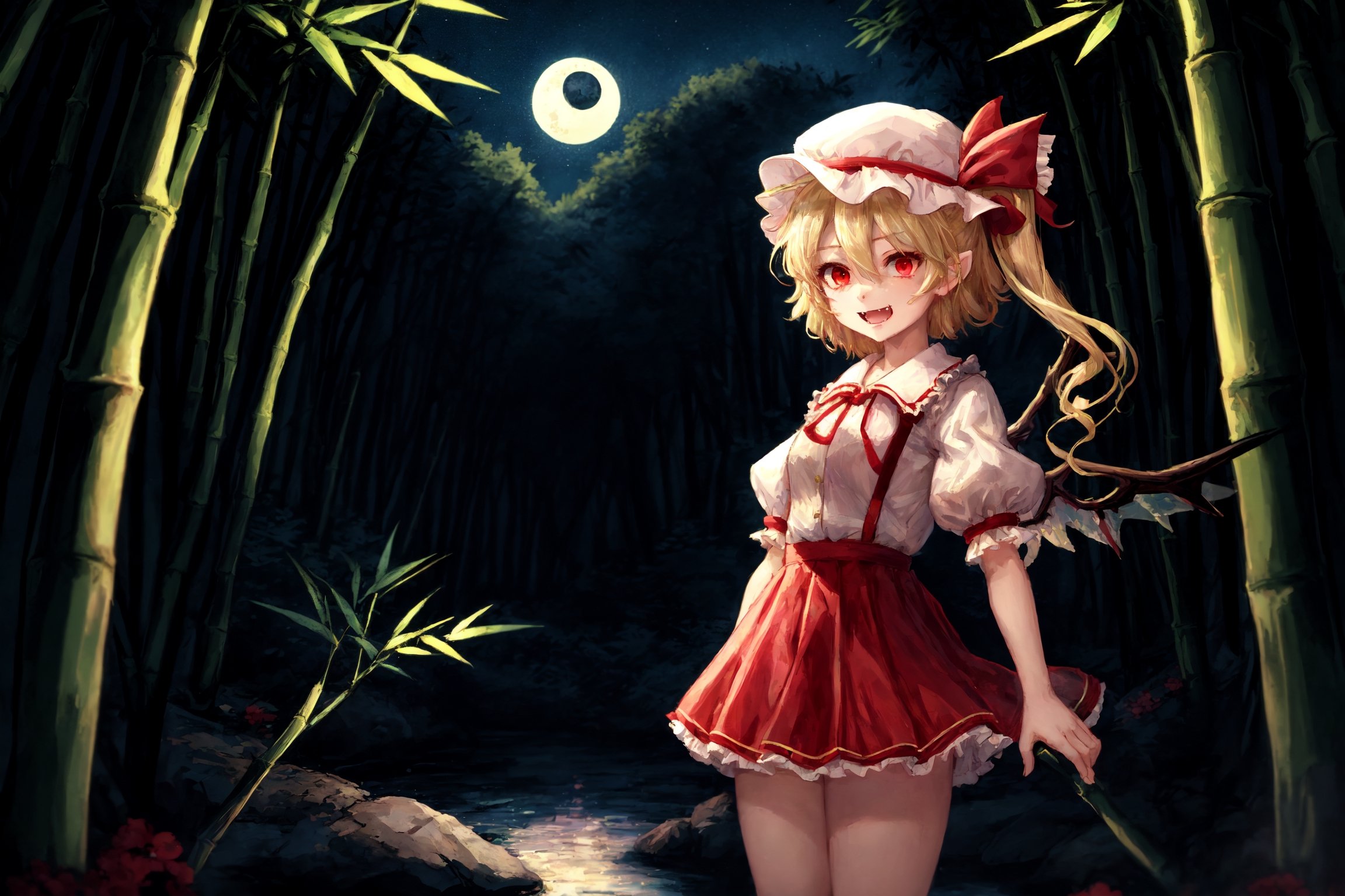 bamboo forest, moonlight, tranquil bamboo grove, rustling leaves, flandre scarlet, ascot, blonde hair, puffy short sleeves, mob cap, red ribbon, white shirt, puffy sleeves, hat ribbon, bangs, long hair, wings, hat, white headwear, skirt, red vest, shirt, vest, short sleeves, red skirt, short hair, side ponytail, skirt set, crystal, hair between eyes, one side up, red eyes, bow, fang, ribbon, frills