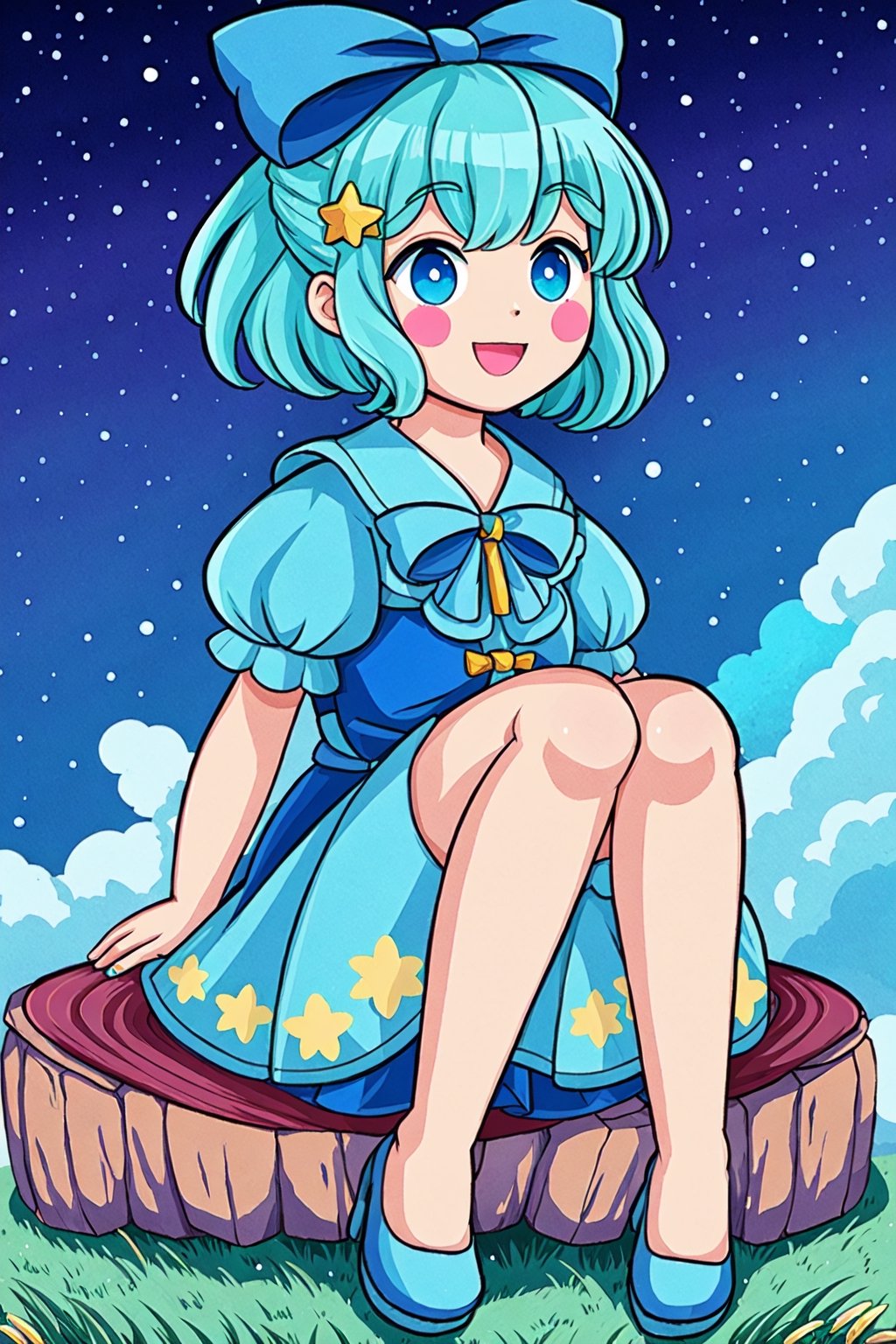 kawaii, accessories, cutesy, Chibi, guweiz style, FFIXBG, cirno, full body, hair ribbon, dress, shirt, sitting, short sleeves, puffy sleeves, puffy short sleeves, blue hair hair between eyes, blue eyes, :d, shoes, collared shirt, neck ribbon, blue dress, wings, bangs, ribbon, ice wings, white shirt, ice, pinafore dress, short hair, red ribbon, barefoot, bow, blue bow, hair bow,  (Masterpiece, best quality:1.3), highly detailed, fantasy, hyperrealistic, best illustration, 8k, ffixbg, dynamic view, cinematic, ultra-detailed, full background, fantasy, illustration, night sky, winter, log cabin, grass, scenery, beautiful, (shiny), UHDR, various colors, (details:1.2), extremely detailed, (shimmer:0.5), colorful, ethereal, dreamy, vanishing (line:0.4), amazing composition, (starry sky), stars,FFIXBG