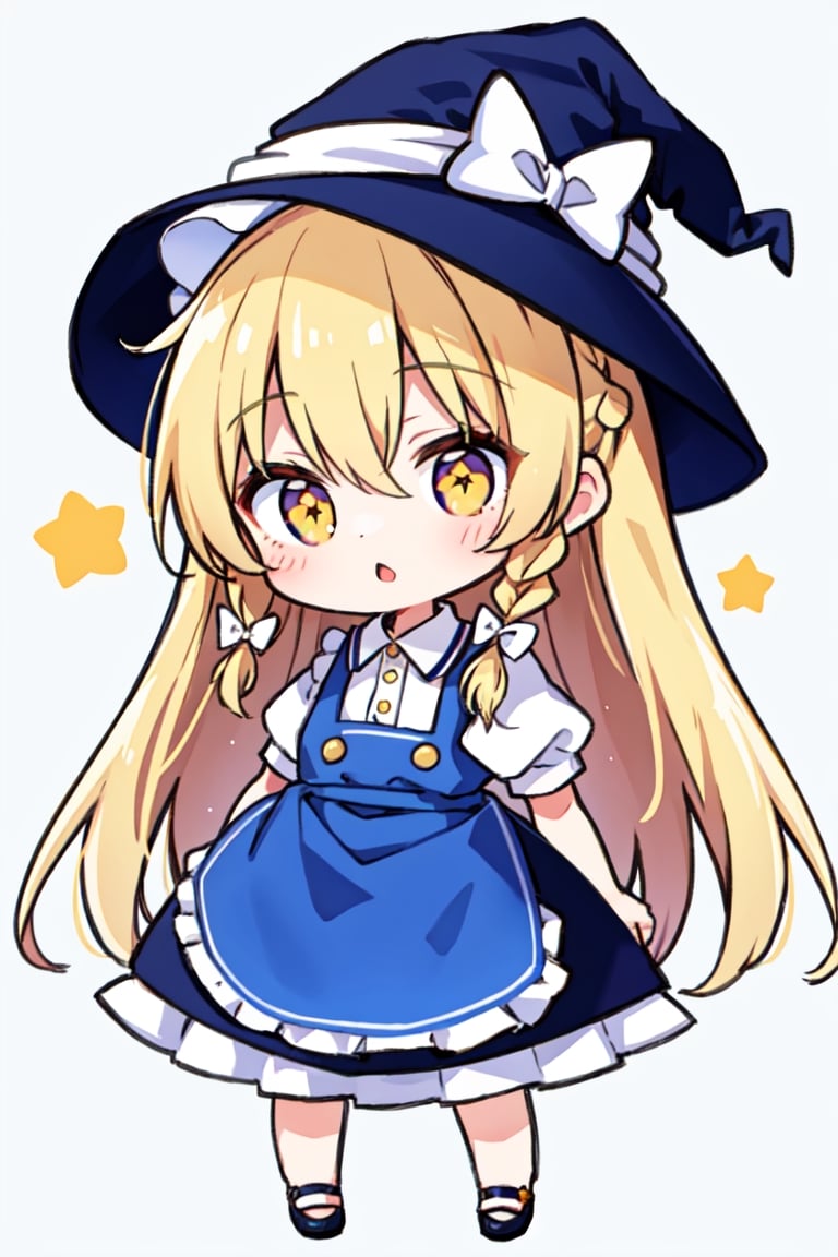 (Super Chibi) (Very Small Body),  (masterpiece,  best quality,  ultra-detailed,  8K),  cartoon, AGGA_ST004,  kirisame marisa, skirt, long hair, single braid, short sleeves, frills, white shirt, blonde hair, braid, white bow, hat bow, puffy sleeves, bow apron, vest, black headwear, yellow eyes, shirt, dress, witch hat, bangs, waist apron, side braid, hair between eyes, puffy short sleeves, hair bow, ribbon, star \(symbol\), hat