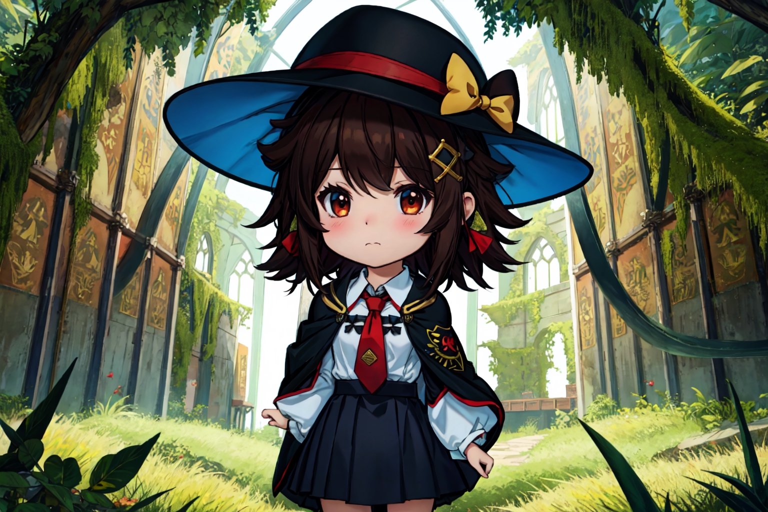 Chibi, guweiz style, FFIXBG, usami renko, black capelet, book, hat bow, hair ribbon, collared shirt, ribbon, closed mouth, black hair, bow, brown eyes, hat, necktie, skirt, white shirt, hair between eyes, black skirt, upper body, capelet, fedora, red necktie, brown hair, bangs, long sleeves, black headwear, shirt, short hair, hat ribbon, white bow hair bow, (Masterpiece, best quality:1.3), highly detailed, fantasy, hyperrealistic, best illustration, 8k, ffixbg, dynamic view, cinematic, ultra-detailed, full background, church, overgrown, vines, outdoors, moss, algae, dystopian, stained glass