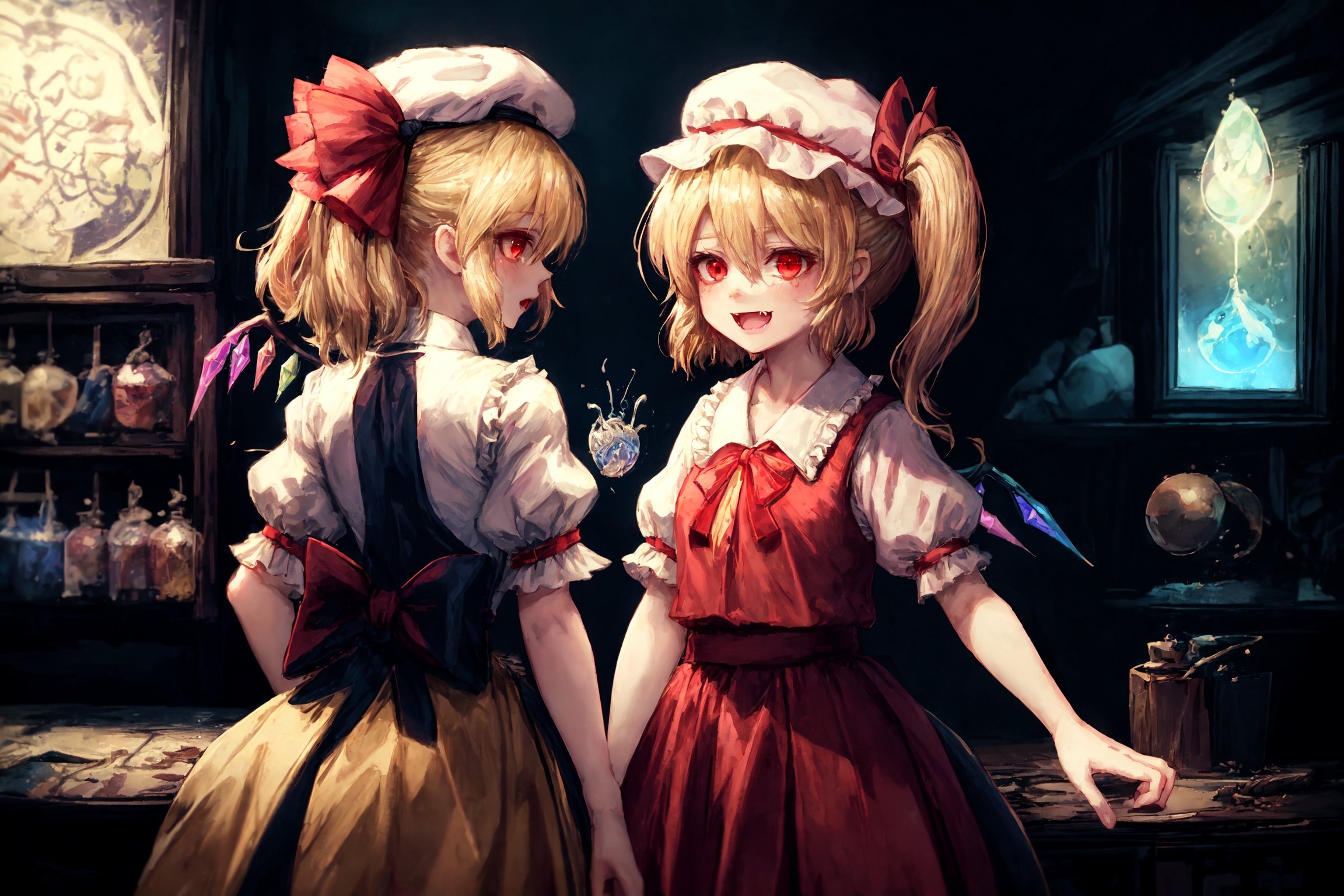medieval fantasy market, magical potions, enchanted atmosphere, alchemy station, flandre scarlet, ascot, blonde hair, puffy short sleeves, mob cap, red ribbon, white shirt, puffy sleeves, hat ribbon, bangs, long hair, wings, hat, white headwear, skirt, red vest, shirt, vest, short sleeves, red skirt, short hair, side ponytail, skirt set, crystal, hair between eyes, one side up, red eyes, bow, fang, ribbon, frills