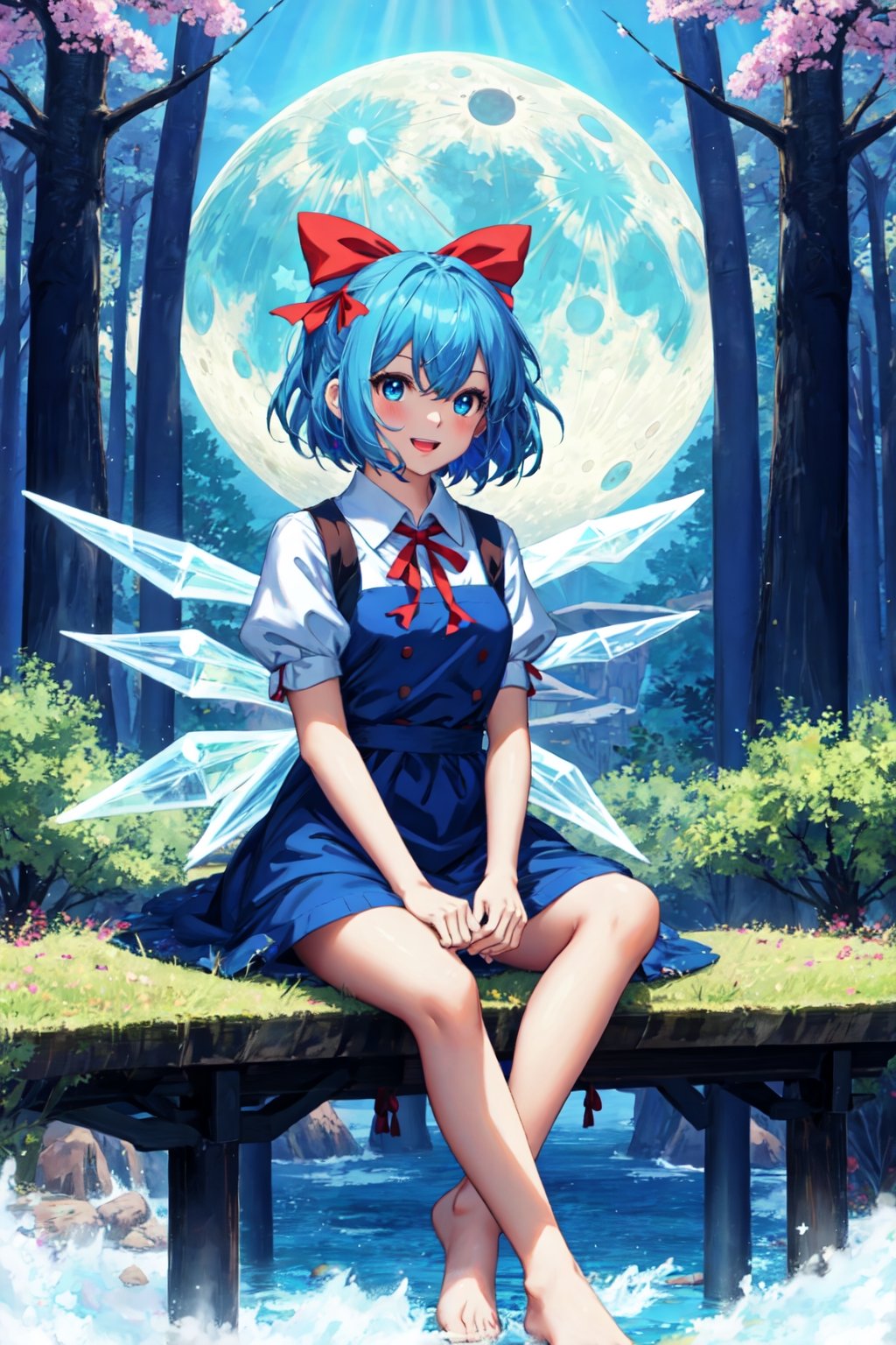 FFIXBG, cirno, full body, hair ribbon, dress, shirt, sitting, short sleeves, puffy sleeves, puffy short sleeves, blue hair hair between eyes, blue eyes, :d, shoes, collared shirt, neck ribbon, blue dress, wings, bangs, ribbon, ice wings, white shirt, ice, pinafore dress, short hair, red ribbon, barefoot, bow, blue bow, hair bow,  (Masterpiece, best quality:1.3), highly detailed, fantasy, hyperrealistic, best illustration, 8k, ffixbg, dynamic view, cinematic, ultra-detailed, full background, fantasy, illustration, night sky, forest, tree, path, grass, scenery, beautiful, (shiny), UHDR, various colors, (details:1.2), extremely detailed, (shimmer:0.5), colorful, ethereal, dreamy, vanishing (line:0.4), amazing composition, (moon), stars