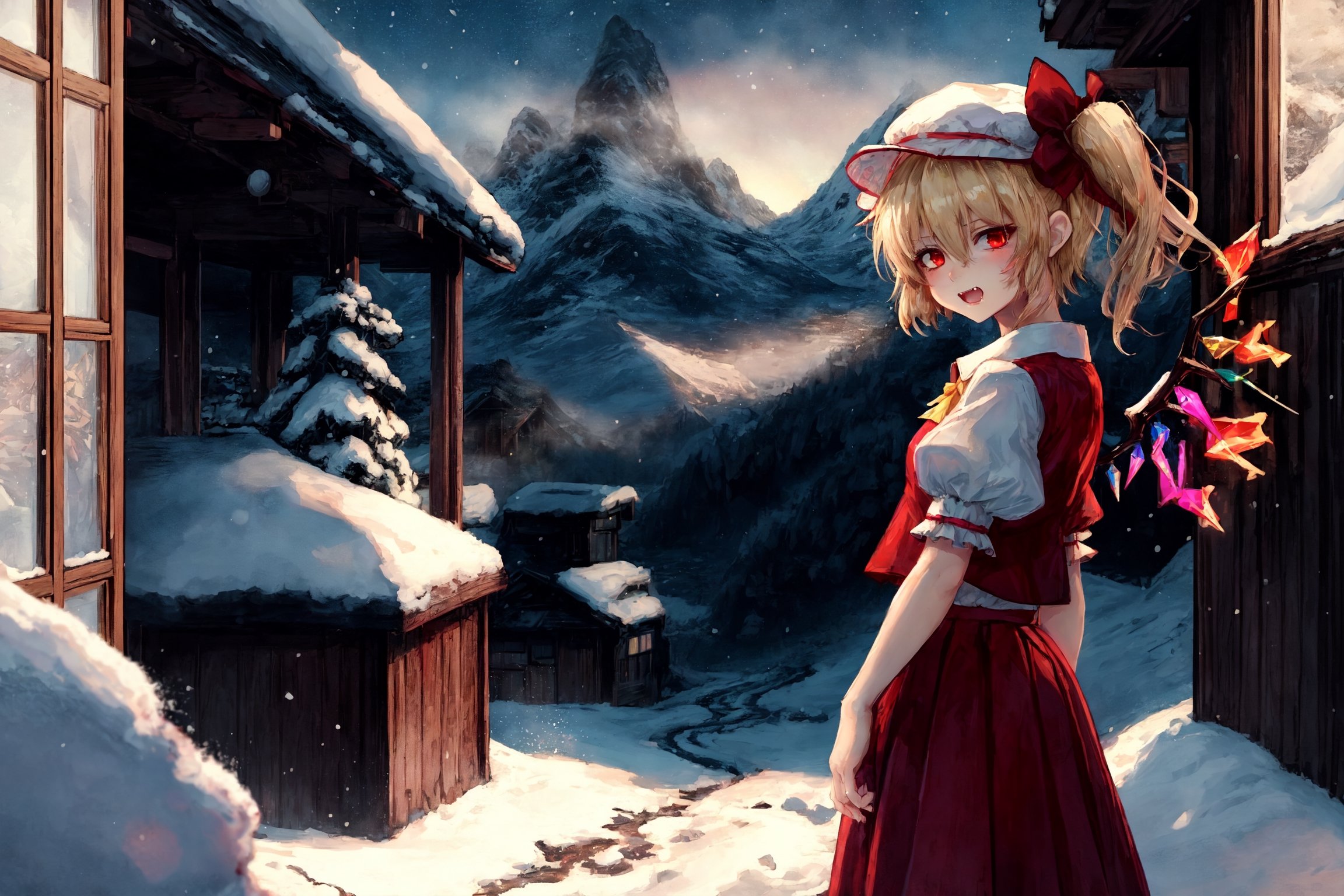 mountains, snow, snowing, windy, blizzard, serene winter wilderness, flandre scarlet, ascot, blonde hair, puffy short sleeves, mob cap, red ribbon, white shirt, puffy sleeves, hat ribbon, bangs, long hair, wings, hat, white headwear, skirt, red vest, shirt, vest, short sleeves, red skirt, short hair, side ponytail, skirt set, crystal, hair between eyes, one side up, red eyes, bow, fang, ribbon, frills