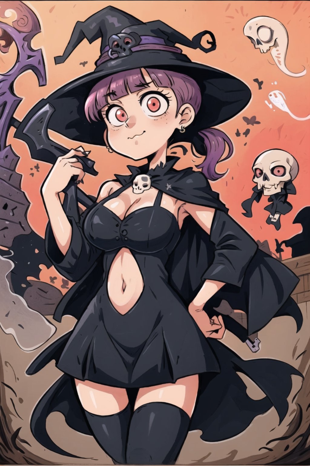 witch hat, halloween, retro artstyle, fine art parody, traditional media, ghost, skeleton, 1girl, skull, mori calliope, tiara, navel, ponytail, virtual youtuber large breasts, upper body, black dress, black nails, cape pink eyes, pink hair, closed mouth, dress, veil, jacket, hat, jewelry, spikes, nail polish, long hair, red eyes, flower, blunt bangs, official alternate costume, bangs, bare shoulders, thighhighs, scythe