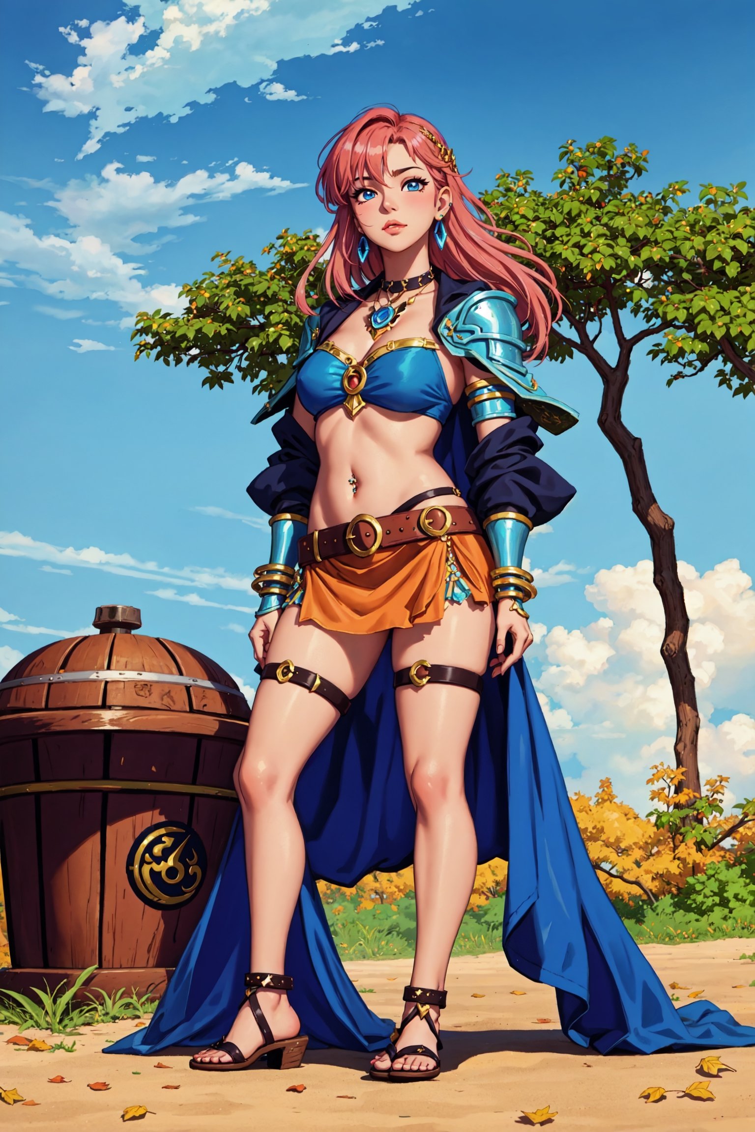 guweiz style, FFIXBG, (vi \(league of legends\):1.3), blushing, gauntlets, collarbone, nose piercing piercing, blue eyes, lips, jacket, facial tattoo, earrings, pink hair, long hair, tattoo, belt, armor, navel, bangs, alternate costume, jewelry, standing, upper body, red hair, ear piercing, short hair, 1girl, solo, (dark-skinned female, dark skin:1.3), long hair, egyptian clothes, hands on hips, jewelry, breasts, egyptian, blue eyes, armlet, (thick thighs:1.2), looking at viewer, standing, pelvic curtain, sandals, full body, bare shoulders, hair between eyes, closed mouth, multicolored hair, bracelet, day, shiny skin, sidelocks, no panties, shiny, earrings, bangs, two-tone hair, outdoors, sideboob, thighs, sky, blue hair, anklet, blue sky, (Masterpiece, best quality:1.3), highly detailed, fantasy, hyperrealistic, best illustration, 8k, ffixbg, dynamic view, cinematic, ultra-detailed, full background, autumn leaves, orange trees, park, bench, trash can, leaves on ground, outdoors