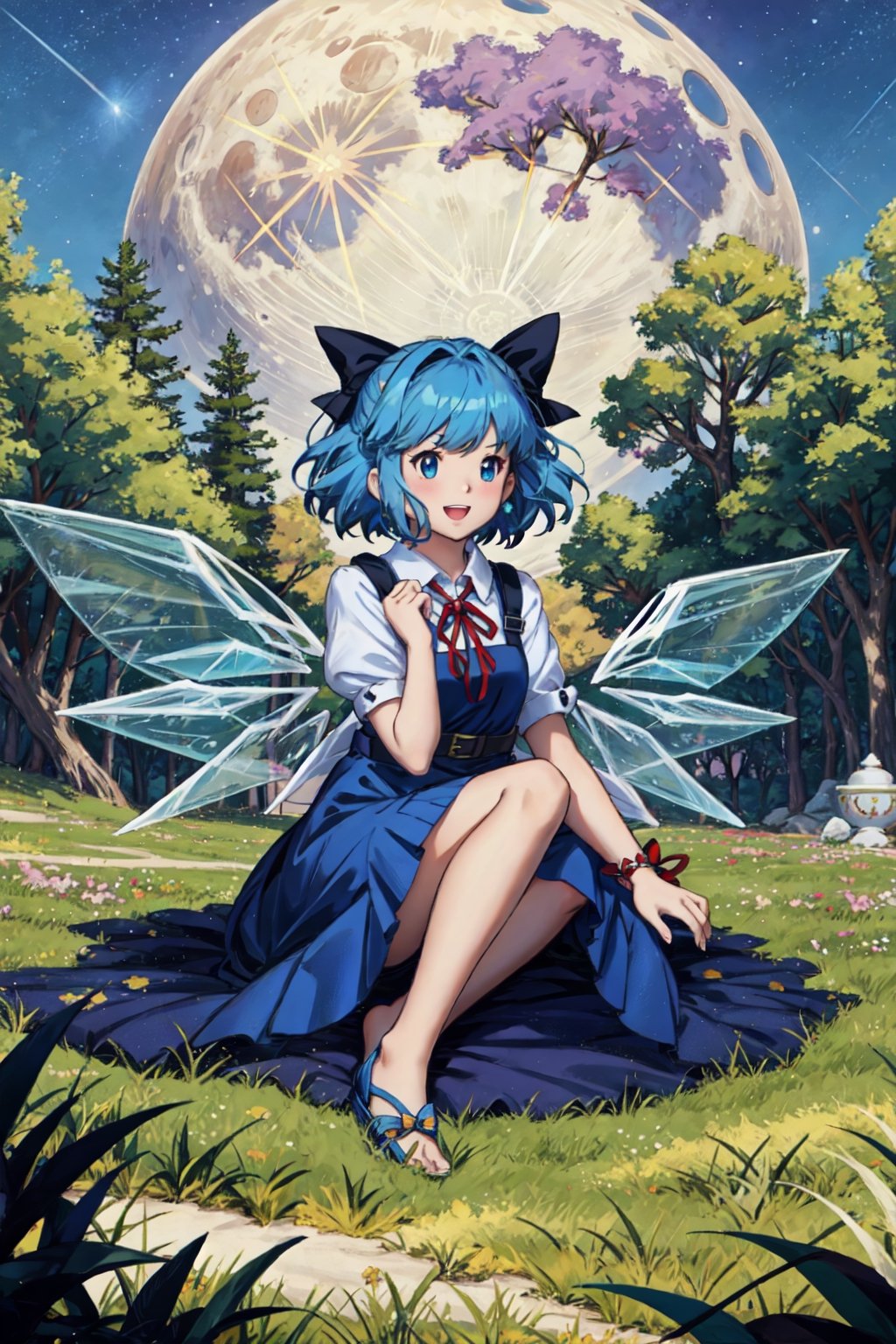 Chibi, guweiz style, FFIXBG, cirno, full body, hair ribbon, dress, shirt, sitting, short sleeves, puffy sleeves, puffy short sleeves, blue hair hair between eyes, blue eyes, :d, shoes, collared shirt, neck ribbon, blue dress, wings, bangs, ribbon, ice wings, white shirt, ice, pinafore dress, short hair, red ribbon, barefoot, bow, blue bow, hair bow,  (Masterpiece, best quality:1.3), highly detailed, fantasy, hyperrealistic, best illustration, 8k, ffixbg, dynamic view, cinematic, ultra-detailed, full background, fantasy, illustration, night sky, forest, tree, path, grass, scenery, beautiful, (shiny), UHDR, various colors, (details:1.2), extremely detailed, (shimmer:0.5), colorful, ethereal, dreamy, vanishing (line:0.4), amazing composition, (moon), stars