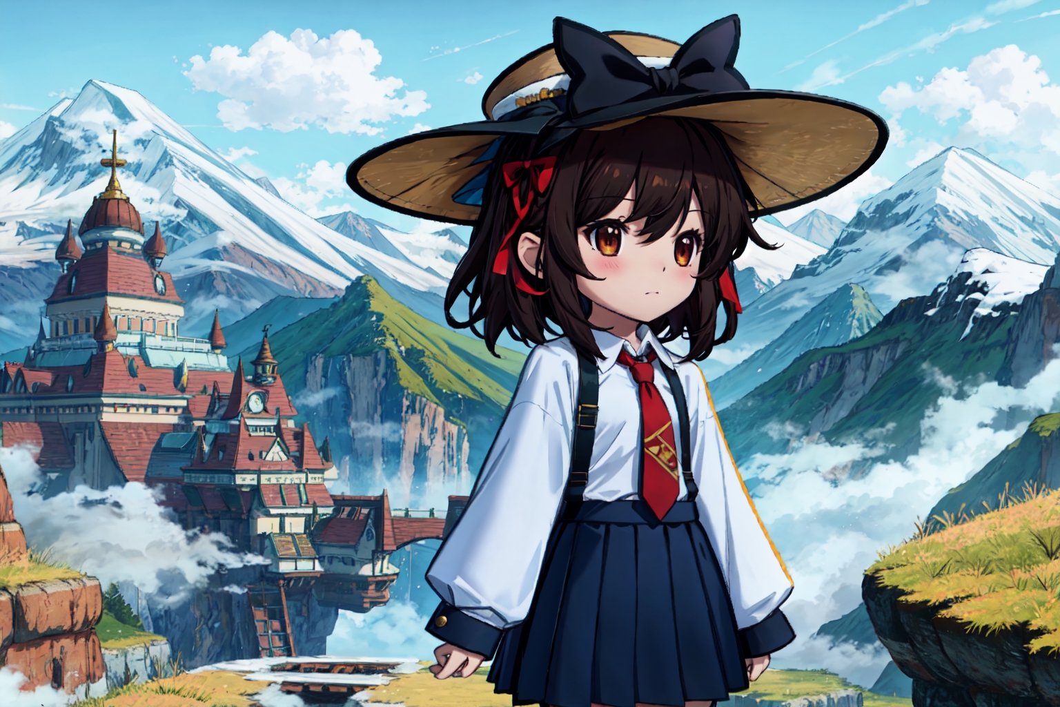 Chibi, guweiz style, FFIXBG, usami renko, black capelet, book, hat bow, hair ribbon, collared shirt, ribbon, closed mouth, black hair, bow, brown eyes, hat, necktie, skirt, white shirt, hair between eyes, black skirt, upper body, capelet, fedora, red necktie, brown hair, bangs, long sleeves, black headwear, shirt, short hair, hat ribbon, white bow hair bow, (Masterpiece, best quality:1.3), highly detailed, fantasy, hyperrealistic, best illustration, 8k, ffixbg, dynamic view, cinematic, ultra-detailed, full background, outdoors, fantasy, snowy landscape, building, cabin, steam, mountains