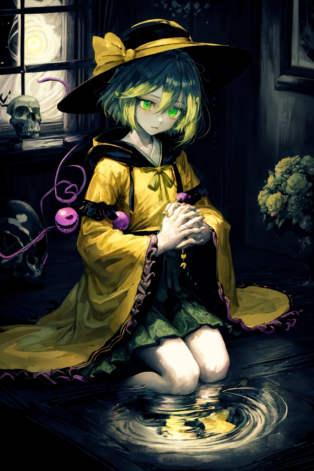 greyscale, praying, skull, solo, beads, own hands together, hood, flower, glowing, robe, prayer beads, 1boy, long sleeves, male focus, jewelry, komeiji koishi, skirt, green hair, heart yellow shirt, medium hair, frilled shirt collar, flower, ribbon, hat ribbon, frilled sleeves, heart of string, green skirt, bow, black headwear, blouse, hair between eyes, yellow ribbon, yellow bow, hat, hat bow, frills, bangs, long sleeves, wide sleeves, green eyes, eyeball, shirt, third eye, short hair