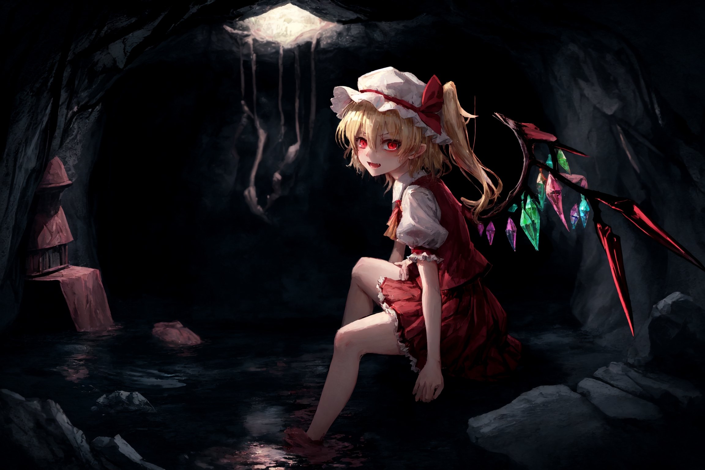 a dark cave, empty, dust, damp, dimly lit, mysterious depths, flandre scarlet, ascot, blonde hair, puffy short sleeves, mob cap, red ribbon, white shirt, puffy sleeves, hat ribbon, bangs, long hair, wings, hat, white headwear, skirt, red vest, shirt, vest, short sleeves, red skirt, short hair, side ponytail, skirt set, crystal, hair between eyes, one side up, red eyes, bow, fang, ribbon, frills