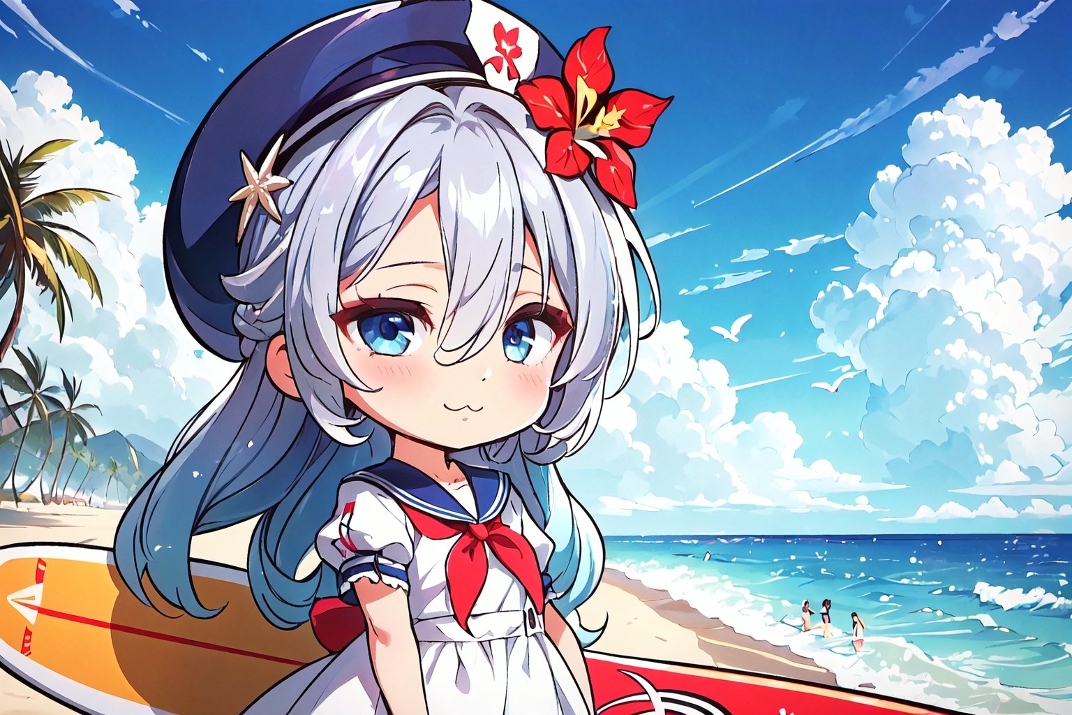 night, (dark environment), Highly detailed, High Quality, Masterpiece, beautiful, solo, 1girl, (chibi:1.2), beach, ocean, palm trees, coconuts, surf boards, multiple people, crowd, sunshine, :3, kamishirasawa keine, bow, blue hair, white hair, hair between eyes, shirt, neckerchief, blue dress, ribbon, collarbone, bangs, multicolored hair, upper body, two-tone hair, long hair, blue headwear, grey hair, short sleeves, hat, dress, red eyes puffy short sleeves, blue eyes, puffy sleeves, very long hair