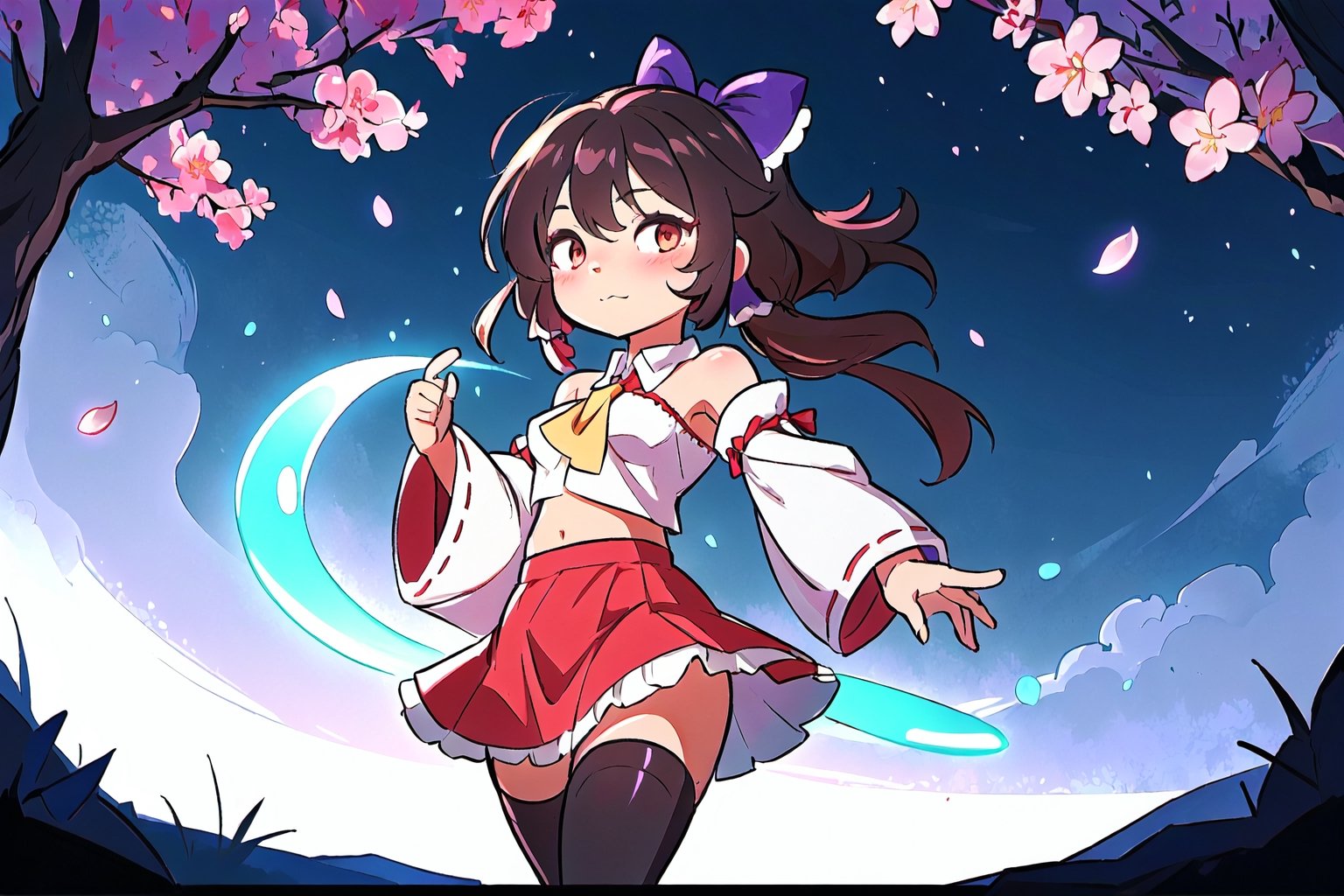 night, (dark environment), Highly detailed, High Quality, Masterpiece, beautiful, solo, 1girl, (chibi:1.2), white background, simple background, petals, cherry blossoms, leaf, wind, sunrise, sunlight, sidelighting, good lighting, masterpiece, best quality, detailed background, scenery, cyan theme, blue theme, purple, purple theme, green theme, bioluminescence, neon, purple theme, golden hour, hakurei reimu, red bow, yellow ascot, bare shoulders, ribbon trim, skirt set, detached sleeves, ribbon, hair tubes, brown hair, black hair, brown eyes, sidelocks, hair bow, gohei, bow, long hair, bangs, skirt, navel, ribbon-trimmed sleeves, frilled bow, red skirt, long sleeves, frills, shirt short hair, red eyes, ascot, wide sleeves