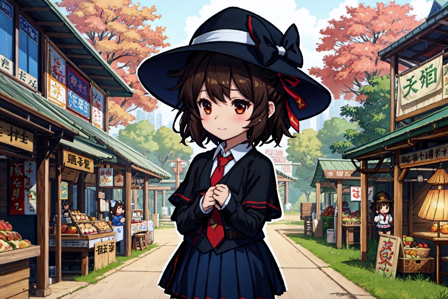 Chibi, guweiz style, FFIXBG, usami renko, black capelet, book, hat bow, hair ribbon, collared shirt, ribbon, closed mouth, black hair, bow, brown eyes, hat, necktie, skirt, white shirt, hair between eyes, black skirt, upper body, capelet, fedora, red necktie, brown hair, bangs, long sleeves, black headwear, shirt, short hair, hat ribbon, white bow hair bow, (Masterpiece, best quality:1.3), highly detailed, fantasy, hyperrealistic, best illustration, 8k, ffixbg, dynamic view, cinematic, ultra-detailed, full background, outdoors, fantasy, fantasy town, fireworks festival, lanterns, stalls, summer festival, food, food stalls