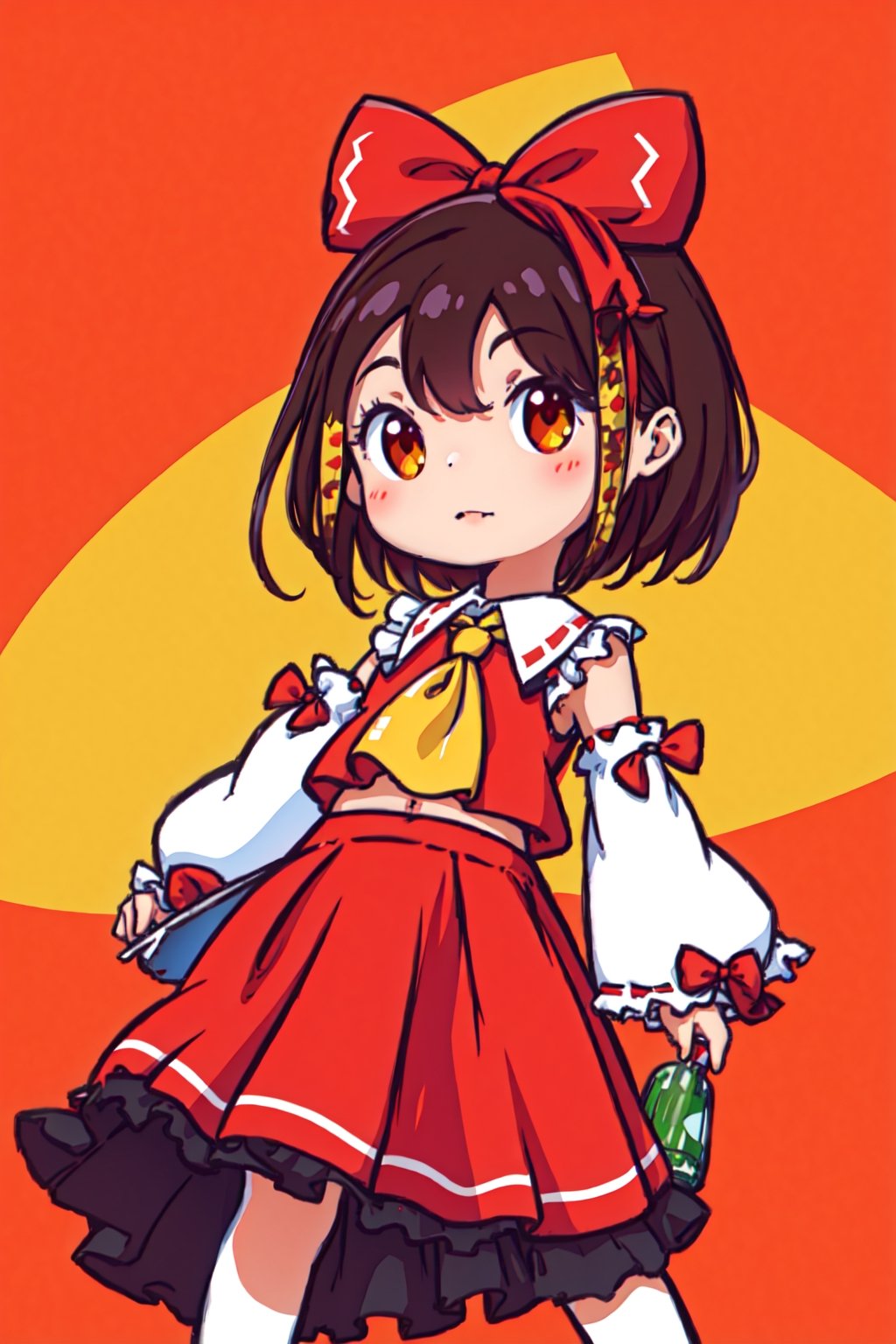 style of Anato Finnstark, toitoistyle, cutestickers, style of Chiho Aoshima, adorable, cute, hakurei reimu, red bow, yellow ascot, bare shoulders, ribbon trim, skirt set, detached sleeves, ribbon, hair tubes, brown hair, black hair, brown eyes, sidelocks, hair bow, gohei, bow, long hair, bangs, skirt, navel, ribbon-trimmed sleeves, frilled bow, red skirt, long sleeves, frills, shirt short hair, red eyes, ascot, wide sleeves, beautiful landscape of a log cabin, thematic background