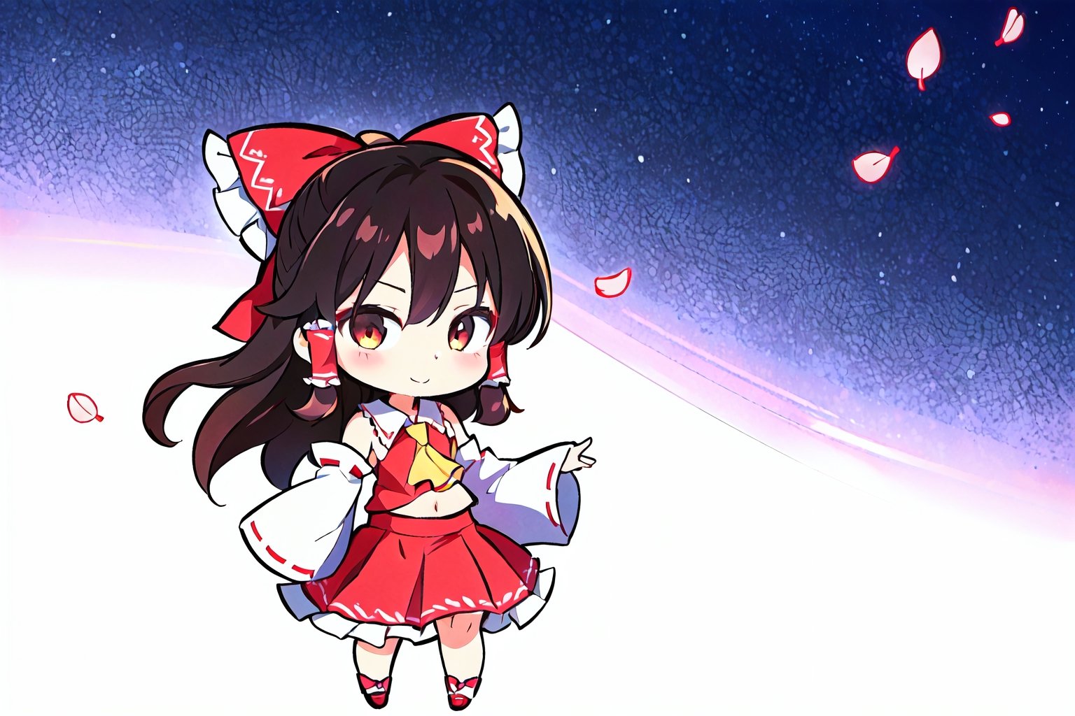 night, (dark environment), Highly detailed, High Quality, Masterpiece, beautiful, solo, 1girl, (chibi:1.2), white background, simple background, petals, cherry blossoms, leaf, wind, sunrise, sunlight, sidelighting, good lighting, masterpiece, best quality, detailed background, scenery, cyan theme, blue theme, purple, purple theme, green theme, bioluminescence, neon, purple theme, golden hour, hakurei reimu, red bow, yellow ascot, bare shoulders, ribbon trim, skirt set, detached sleeves, ribbon, hair tubes, brown hair, black hair, brown eyes, sidelocks, hair bow, gohei, bow, long hair, bangs, skirt, navel, ribbon-trimmed sleeves, frilled bow, red skirt, long sleeves, frills, shirt short hair, red eyes, ascot, wide sleeves