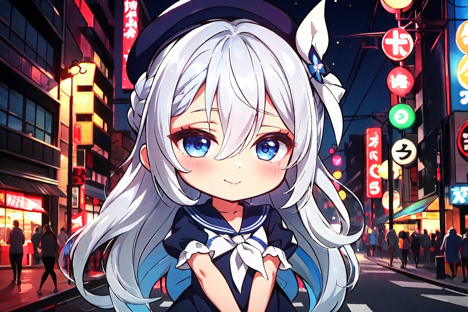 night, (dark environment), Highly detailed, High Quality, Masterpiece, beautiful, solo, 1girl, (chibi:1.2), Tokyo, Tokyo cityscape, outdoors, night, neon lights, vibrant energy, :), kamishirasawa keine, bow, blue hair, white hair, hair between eyes, shirt, neckerchief, blue dress, ribbon, collarbone, bangs, multicolored hair, upper body, two-tone hair, long hair, blue headwear, grey hair, short sleeves, hat, dress, red eyes puffy short sleeves, blue eyes, puffy sleeves, very long hair