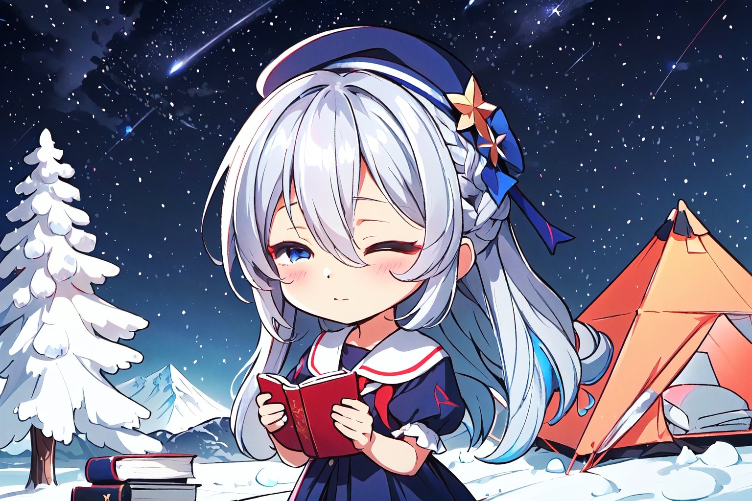 night, (dark environment), Highly detailed, High Quality, Masterpiece, beautiful, solo, 1girl, (chibi:1.2), on top of a mountain, tent, tents, camp fire, telescope, starry sky, sky, stars, shooting stars, galaxy, snow, snowing, outdoors, kamishirasawa keine, bow, blue hair, closed eyes, book, white hair, hair between eyes, shirt, neckerchief, blue dress, ribbon, collarbone, bangs, multicolored hair, upper body, two-tone hair, long hair, blue headwear, grey hair, short sleeves, hat, dress, red eyes puffy short sleeves, blue eyes, puffy sleeves, very long hair