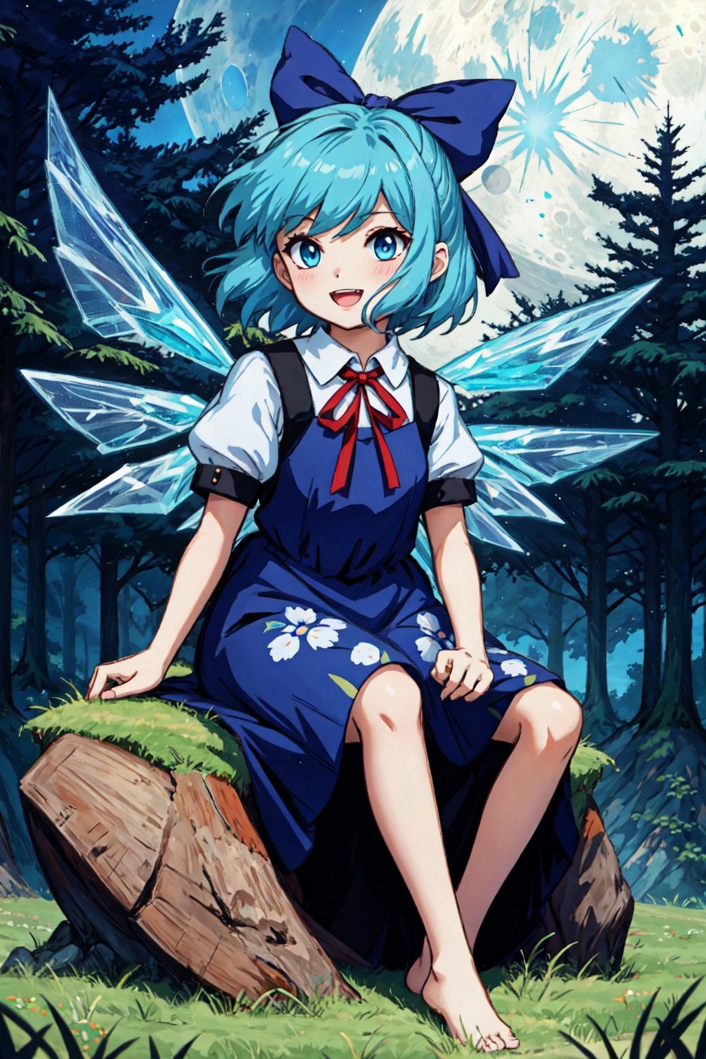 Chibi, guweiz style, FFIXBG, cirno, full body, hair ribbon, dress, shirt, sitting, short sleeves, puffy sleeves, puffy short sleeves, blue hair hair between eyes, blue eyes, :d, shoes, collared shirt, neck ribbon, blue dress, wings, bangs, ribbon, ice wings, white shirt, ice, pinafore dress, short hair, red ribbon, barefoot, bow, blue bow, hair bow,  (Masterpiece, best quality:1.3), highly detailed, fantasy, hyperrealistic, best illustration, 8k, ffixbg, dynamic view, cinematic, ultra-detailed, full background, fantasy, illustration, night sky, forest, tree, path, grass, scenery, beautiful, (shiny), UHDR, various colors, (details:1.2), extremely detailed, (shimmer:0.5), colorful, ethereal, dreamy, vanishing (line:0.4), amazing composition, (moon), stars,FFIXBG