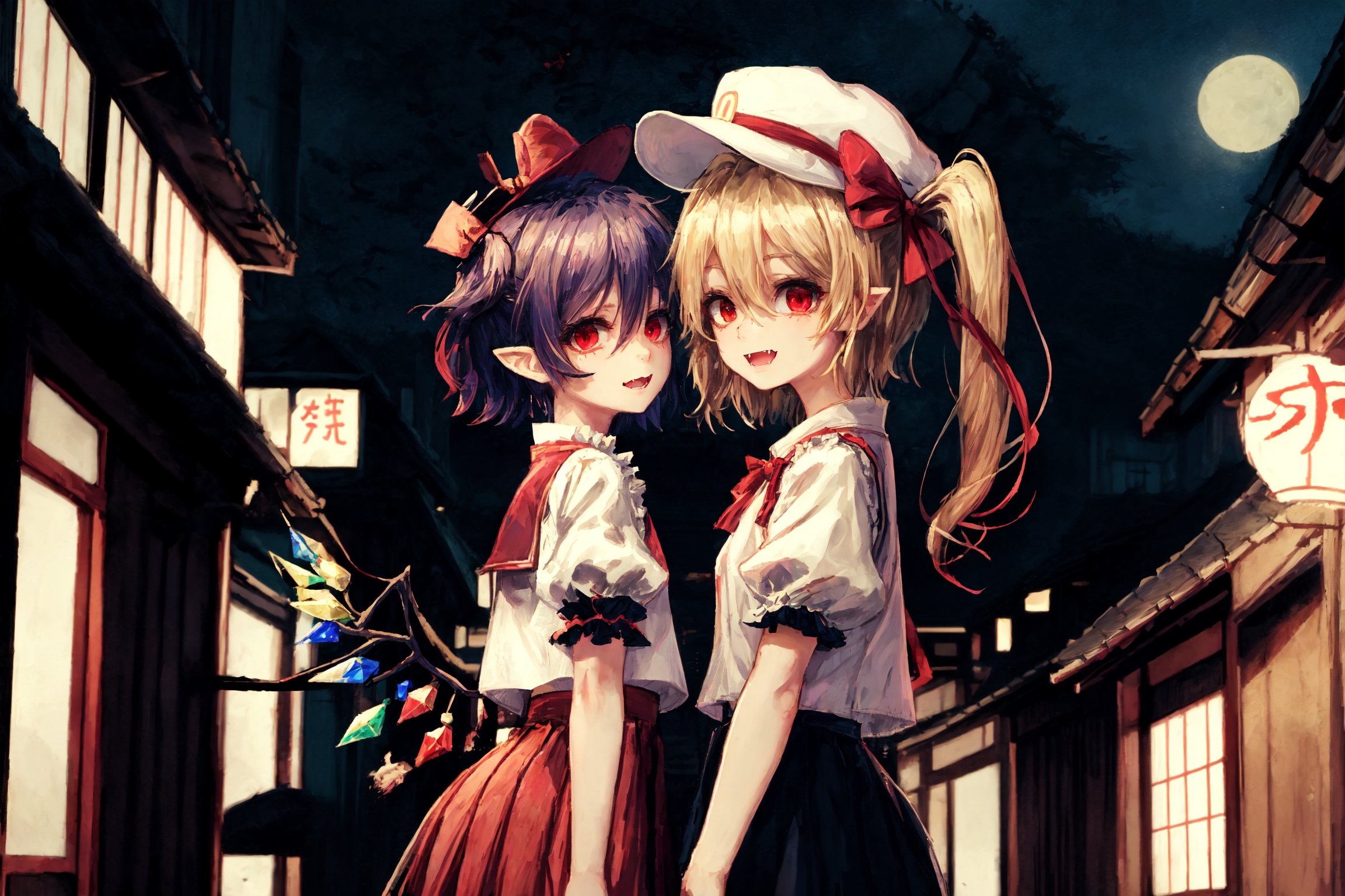 Kyoto, historic streets, traditional architecture, twilight in the ancient city, flandre scarlet, ascot, blonde hair, puffy short sleeves, mob cap, red ribbon, white shirt, puffy sleeves, hat ribbon, bangs, long hair, wings, hat, white headwear, skirt, red vest, shirt, vest, short sleeves, red skirt, short hair, side ponytail, skirt set, crystal, hair between eyes, one side up, red eyes, bow, fang, ribbon, frills