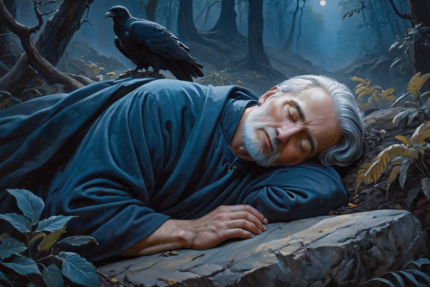 hyper detail, (eyes closed)(classical realism painting: 1.75) in profile, the wingless patriarch Jacob sleeping on a stone, in the middle of a dry forest, (ASLEEP) while in the distance angels are seen climbing up a staircase, depth of field, fine detail, subsurface dispersion, (dark shadows in the background: 1.75), color gradient from 'golden color' to 'dark blue' backlight