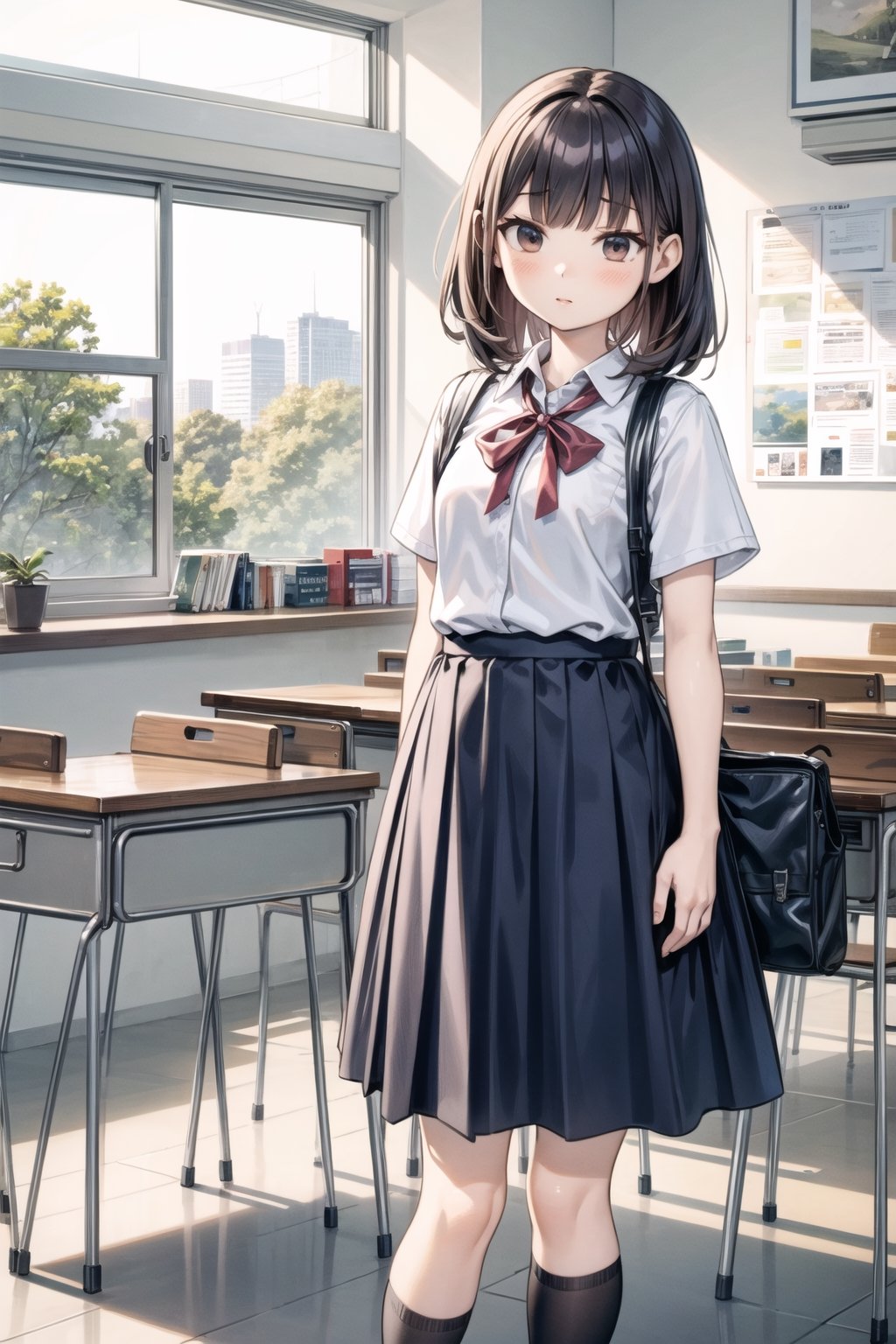 (highres, masterpiece, detailed_background, analog style, model shoot style, best_quality, hyper-realistic lights, hyper-realistic_shadows, hyper-realistic_reflections, madly detailed CG unity 8k wallpaper:1.2, octane render, unreal engine 5), solo, (beautiful and extremely detailed body and face), (1girl), school_girl, cute, classroom, school_uniform, scenery, desk, window, full_body,