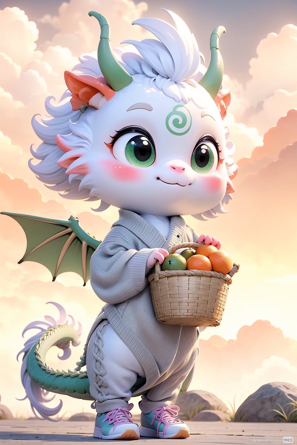 green dragon cute hopping happily surrounded by colorful clouds, long tail, tiny wings, chibi, big cute eyes, hanfu-style sweater, sport sneakers, holding a basket of oranges,