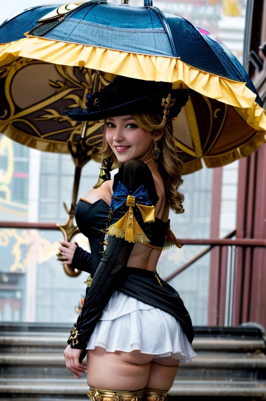 navia \(genshin impact\), looking at viewer, 1girl, ((smile)), blonde hair, (large breast:1.2), cleavage:1.3, fancy hat, thigh boots, detached sleeves, single glove, strapless dress, detached collar, showgirl skirt, necklace, waist cape, ((holding umbrella:1.3)), ((high lights)), (light aura), best quality, masterpiece, a very delicate and beautiful, (solo:1.3), ((simple_background)), upskirt