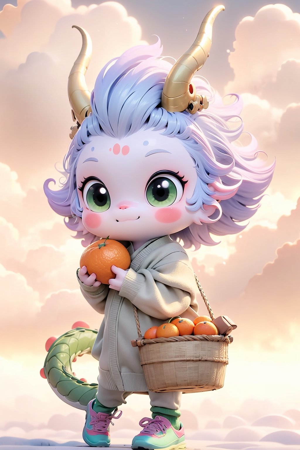 green dragon cute hopping happily surrounded by colorful clouds, long tail, tiny wings, chibi, big cute eyes, hanfu-style sweater, sport sneakers, holding a basket of oranges,