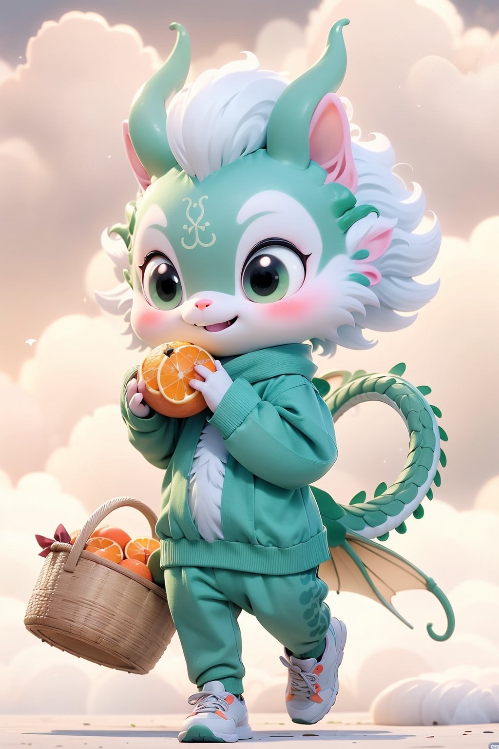 green dragon cute hopping happily surrounded by colorful clouds, long tail, tiny wings, chibi, big cute eyes, hanfu-style sweater, sport sneakers, holding a basket of oranges,