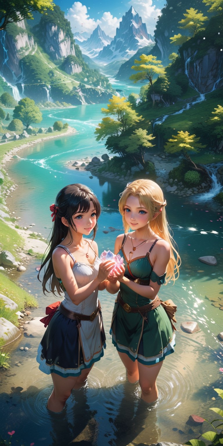 Create a vivid and enchanting anime-style scene set in a fantasy world. In this scene, depict two beautiful girls immersed in a crystal-clear river, joyfully playing with the water. The river should be surrounded by lush, vibrant scenery, and the girls should be interacting with water in a playful and captivating way, with splashes adding to the magic of the moment. Capture the beauty of this friendship and the serene, picturesque atmosphere of their surroundings, making it a truly captivating and enchanting image. ((Perfect face)), ((perfect eyes)), ((super realistic high quality image)),