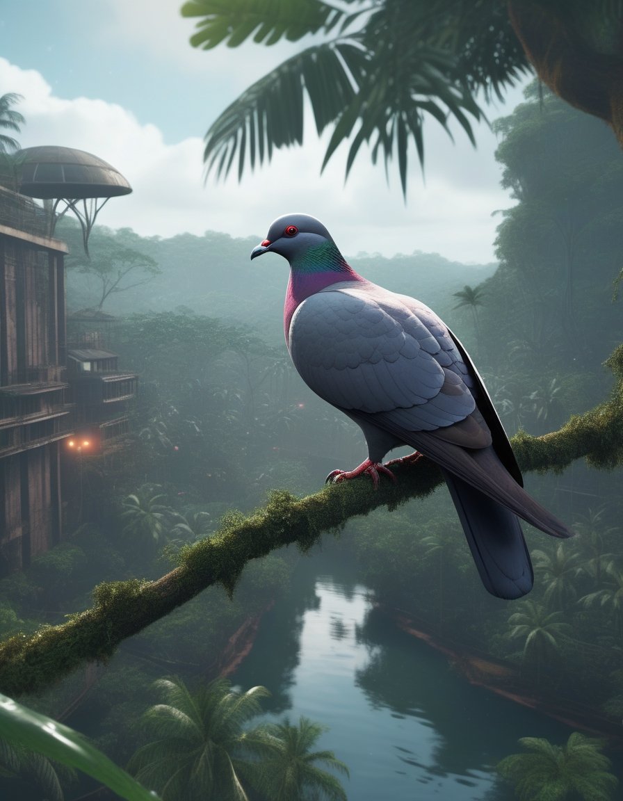 Realisticstyle, Christmas imperial dark pigeon on high tree branch, background deep jungle above lagoon, imprisoned in a flying missile, photorealistic, vary render, Kawai, sorrier, oculus futurists, cyberpunk, cinematic, morning ray