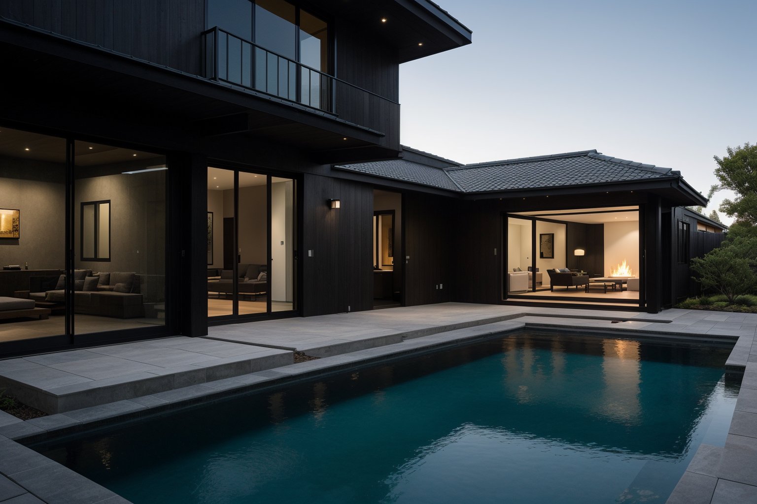 A serene photo-realistic depiction of a modern Japanese Black House, situated amidst a tranquil atmosphere. The structure's façade is a striking black with stone accents, punctuated by large windows that allow natural light to filter in. A minimalist approach has been taken with the design, allowing the building's clean lines and angular shapes to take center stage. The roof, too, is black, blending seamlessly into the surrounding landscape. In the foreground, an asian inspired courtyard with shrubery, calming water pools, modern fire pit, and decorative pots invites contemplation, its simple beauty enhanced by the stark contrast of the house's dark exterior.