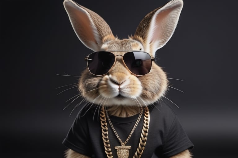 rabbit with sunglasses, dressed in a black t-shirt, his hairstyle is straight hair, wearing rapper-style chains,.