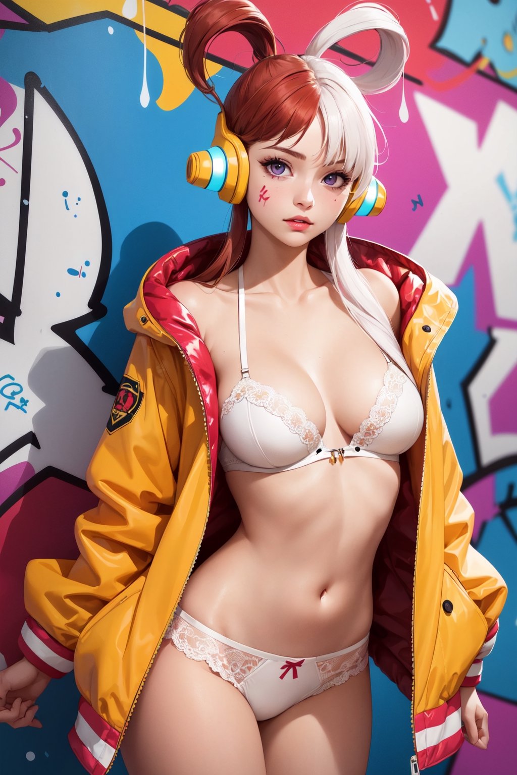 (masterpiece, best quality:1.4), (beautiful, aesthetic, perfect, delicate, intricate:1.2), (cute, adorable), (depth of field:1.2), (1girl,uta_onepiece, solo), colorful, vivid colors, perfect female form, perfect face, expressive eyes, eyeshadow, eyeliner, blush,, colored hair,medium natural breasts, narrow waists, soft smile, (a sexy woman),white ornate delicate lingerie, stockings, (red plastic jacket:1.2), looking at viewer, cleavage, (graffiti wall:1.4), (headphone), (standing, cowboy shot),