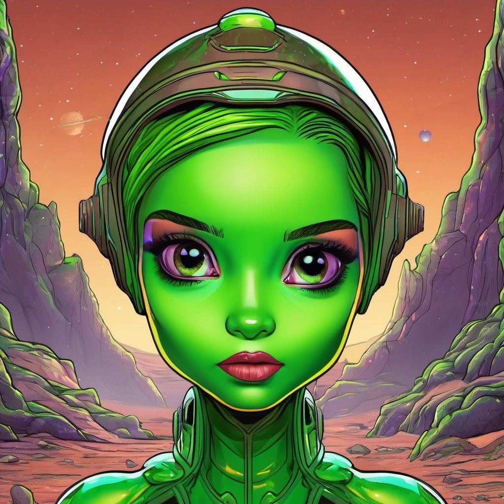 little green female from mars, comic style, funny, aliens, verry detailed, best quality, exotic, Science Fiction, 8k, vibrant colors