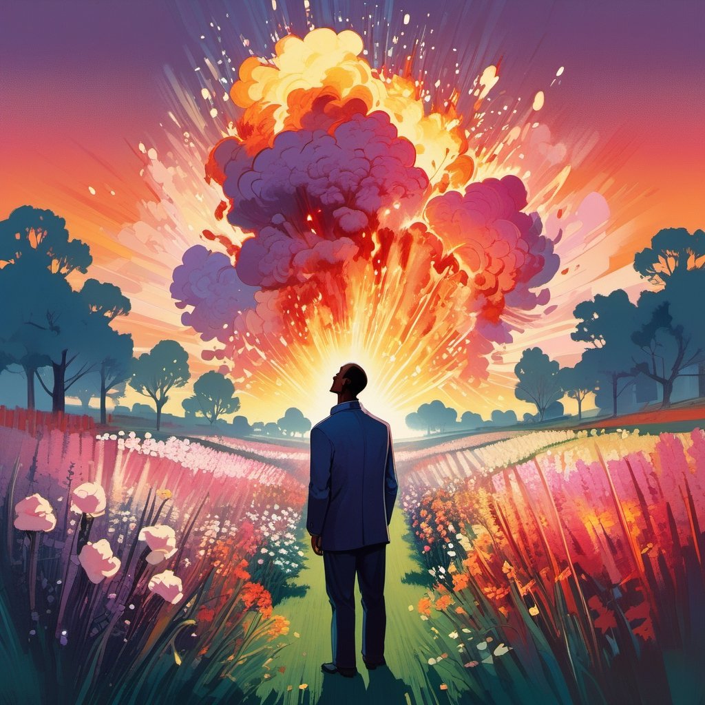 (exquisite illustration:1.4), (masutepiece:1.0), (Best quality:1.4), (超High resolution:1.2), dark vibes, ((a painting of a lonely man standing in a beautiful flowers garden at night but his head burning with big fire like explosion until he lost his face, only burning fire like surreal)), ColorART,James Gilleard