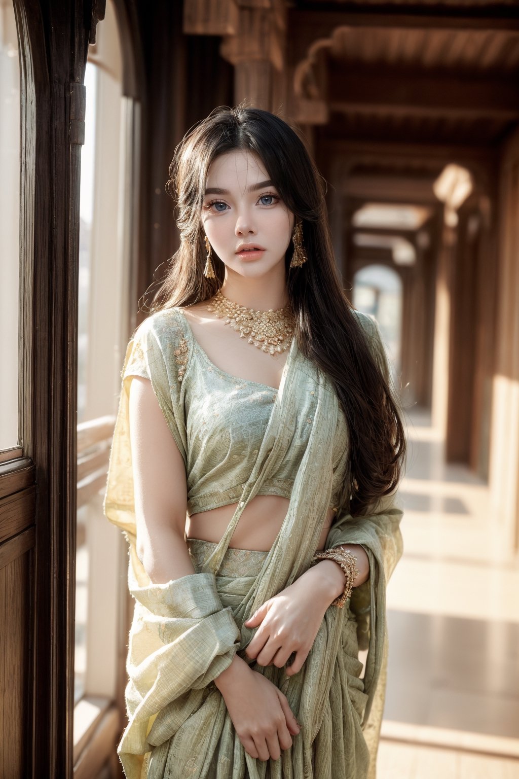 A woman wearing a traditional Indian sari and traditional jewelry looks at the camera and stands in the corridor. The soft sunlight illuminates the image, which highlights the beauty of the combination of traditional clothing and flowers.,DararatBoa,Detailedface