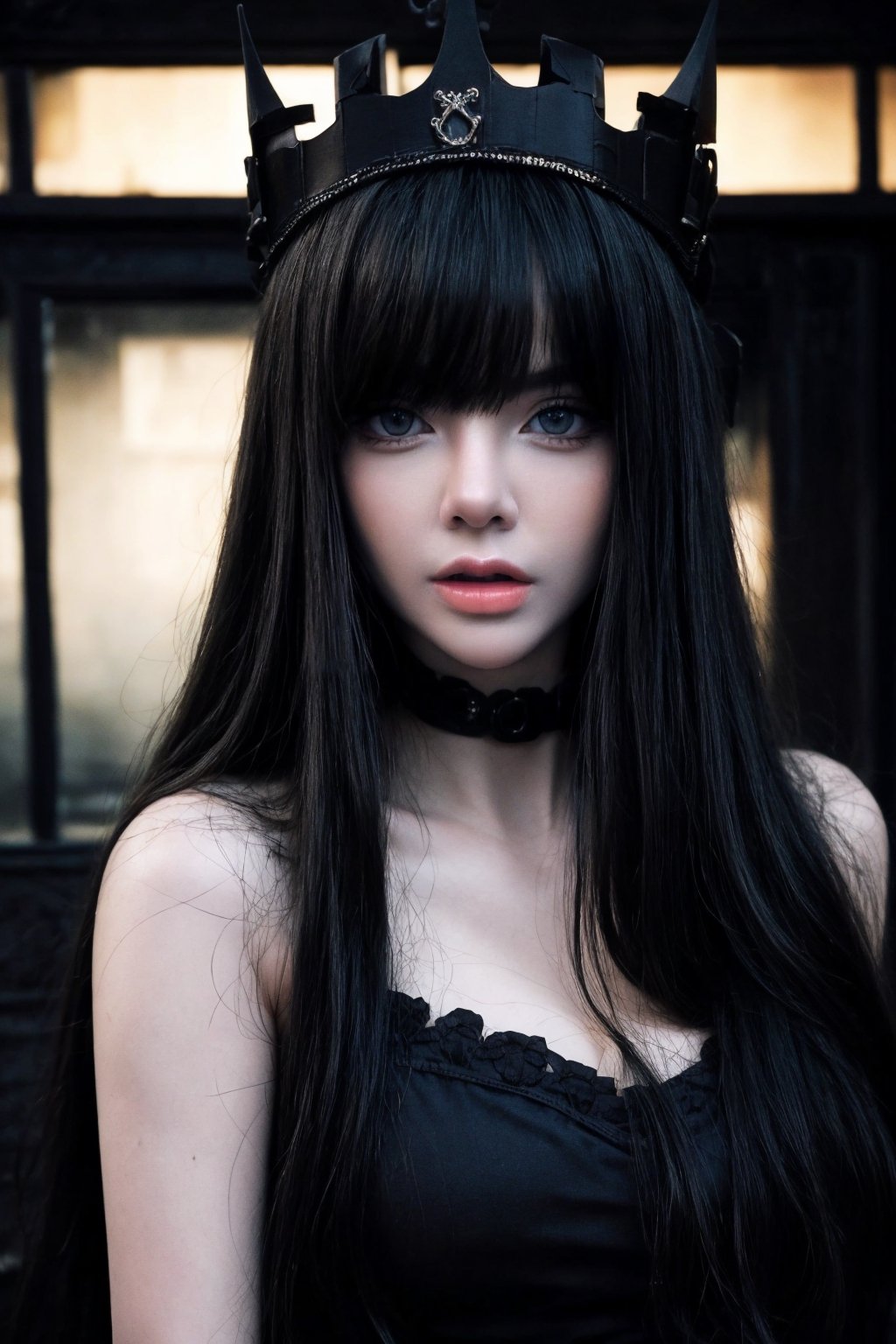 masterpiece, 8k, (real, photo real), best quality, high resolution, perfect details, 1girl, A beautiful goth girl, (Beautiful Hair:1.4), beautiful face, nice light gray eyes, perfect eyes, big breasts, small jewelry crown, (black gothic dress, dog choker), Temperament, elegance, low contrast, soft light, horror vibe, (black Indoor castle decoration:1.5), shot from head to waist, ,Hair over eyes,photo of perfecteyes eyes,DararatBoa