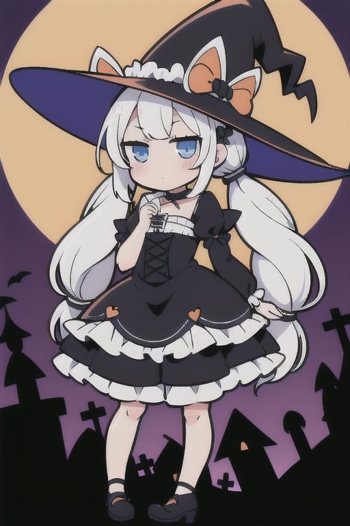 1girl,  ((white_hair,  twin_tails,  long_hair, chibi,  blue_eyes, frilly, witch_costume, witch_hat, magic_wand, gothic_lolita, halloween, full_moon)),  posing