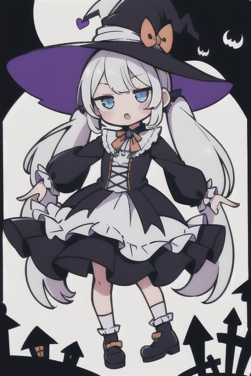1girl,  ((white_hair,  twin_tails,  long_hair, chibi,  blue_eyes, frilly, witch_costume, witch_hat, magic_wand, gothic_lolita, halloween, full_moon)),  posing, magic_broom