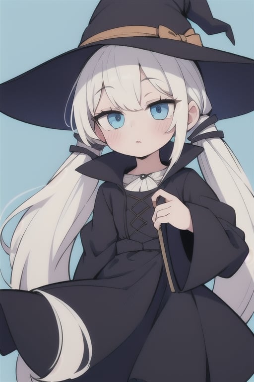 1girl, best quality, cute, ((white_hair)), straight_hair, twin_tails, very_long_hair, hair ribbons, beautiful eyes, blue_eyes, (long_eyelashes), witch_hat, witch_costume, 