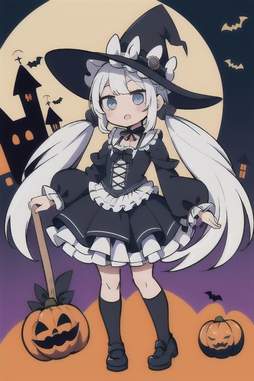 1girl,  ((white_hair,  twin_tails,  long_hair, chibi,  blue_eyes, frilly, witch_costume, witch_hat, magic_wand, gothic_lolita, halloween, full_moon)),  posing, magic_broom