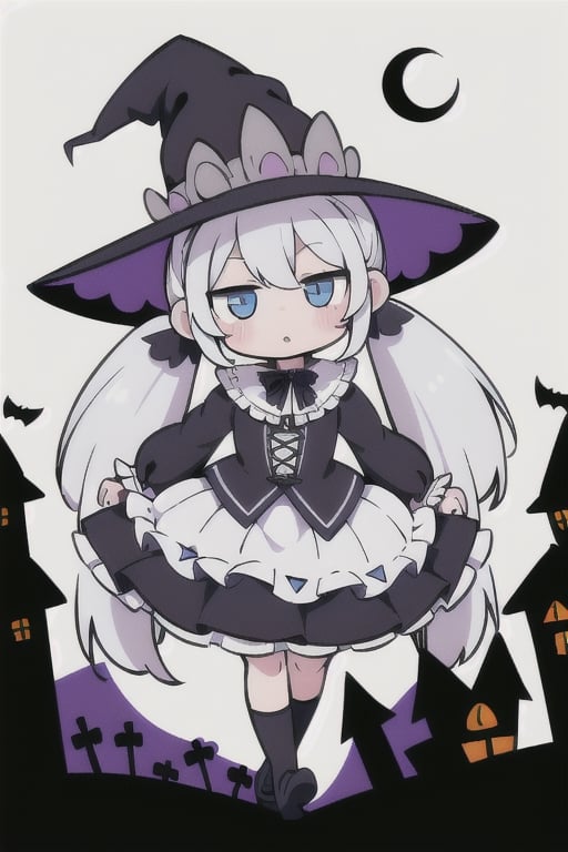 1girl,  ((white_hair,  twin_tails,  long_hair, chibi,  blue_eyes, frilly, witch_costume, witch_hat, magic_wand, gothic_lolita, halloween, full_moon)),  posing