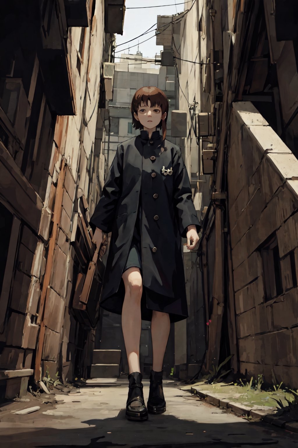 full body portrait, view from below, 1girl, (masterpiece, best quality), solo, aesthetic illustration, detailed background,, Lain Iwakura (Serial Experiments Lain)