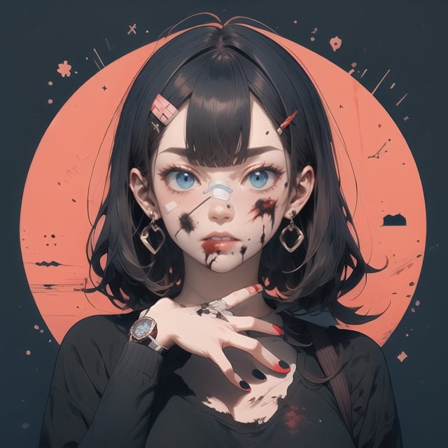 High detailed ,midjourney,perfecteyes,Color magic,piercing, girl, solo, brown_hair, jewelry, bandaid, earrings, bandaid_on_nose, nosebleed, long_hair, circle, blue_eyes, watch, portrait, hair_ornament, looking_at_viewer, bandaid_on_face, wristwatch, hairclip, red_nails, blood, parted_lips, twintails, blue_background, free style,horror (theme),portrait,realistic,Mechagirl,midjourney,illustration,ASU1,fcloseup