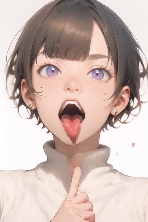 High detailed ,midjourney,perfecteyes,Color magic,piercing, tongue, purple_eyes, tongue, hair_over_one_eye, white_background, male_focus, open_mouth, mole_under_mouth, short_hair, simple_background, mole, portrait, 1boy, tongue_out, black_hair, looking_at_viewer, bangs, teeth, fangs, blurry, saliva, one_eye_covered, brown_hair, finger_in_own_mouth, solo, multiple_boys, turtleneck, black_shirt, shirt, free style,horror (theme),portrait,realistic,Mechagirl,midjourney,illustration,ASU1,fcloseup