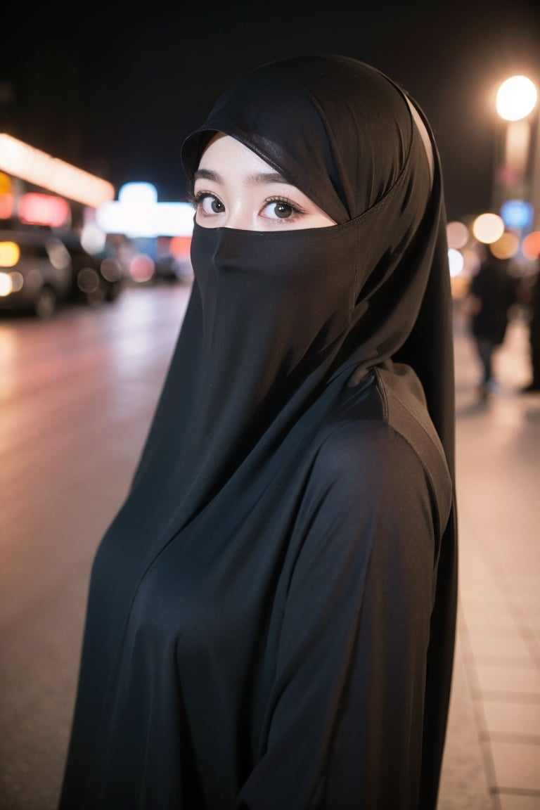 (8k, best quality, masterpiece:1.2), (realistic, photo-realistic:1.3), ultra-detailed, best quality, depth of field, sharp focus,(night, street background:1.2),1girl,solo, a beautiful young woman with brown hijab, (((covering mouth, veil:1.1))), ((long sleeve Muslim shirt:1.1)), upper body, happy, pose, (((small breasts))), detailed brown eyes, perfect eyes, symmetrical eyes,perfect eyes,viola,veil,more detail