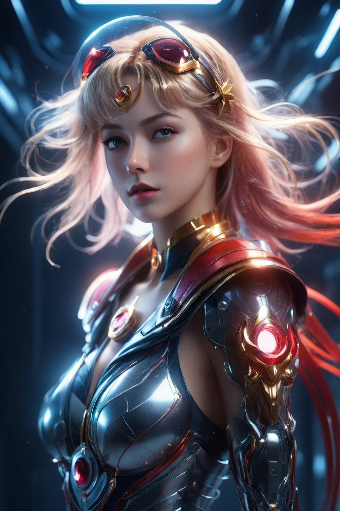 (wide_angle _view, full_body_shot), (zero gravity, weightlessness, floating in space, floating_hair), Beautiful sailor saturn in a red eflective robotic suit,red body,red chest,red long hair, cyborg style, Xenia Tchoumitcheva/Franziska Knuppe hybrid, (in space, stars, space battle, starships, light rails, light particles), 8k resolution concept art portrait by Greg Rutkowski, Artgerm, WLOP, random neon holographic, prismatic, dynamic lighting hyperdetailed intricately detailed Splash art trending on Artstation Unreal Engine 5 volumetric lighting golden ratio dynamic lighting retrofuturism cyberpunk 8k resolution synthwave vaporwave solarpunk futuristic retrofuturism, ,bingnvwang,sailor_moon